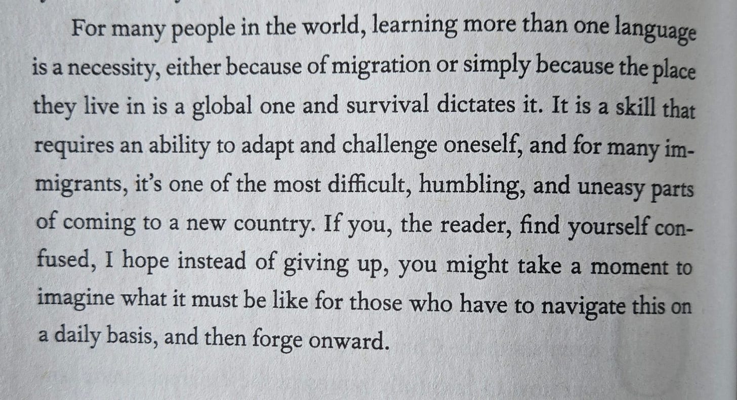 For many people in the world, learning more than one language is a necessity, either because of migration or simply because the place they live in is a global one and survival dictates it. It is a skill that requires an ability to adapt and challenge oneself, and for many immigrants, one of the most difficult, humbling, and uneasy parts of coming to a new country. If you, the reader, find yourself confused, I hope instead of giving up, you might take a moment to imagine what it must be like for those who have to navigate this on a daily basis, and then forge onward.