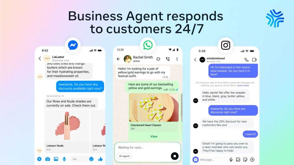 3 AI agent conversations featuring Meta Business Agent responding to customers in real time 3 AI agent conversations featuring Meta Business Agent responding to customers in real time