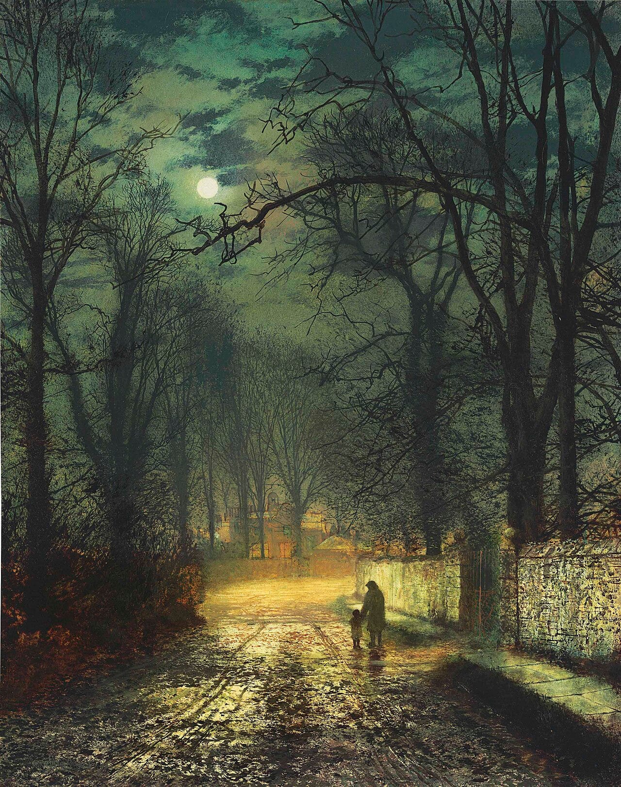 A wet lane under a hazy moon scattered with fallen leaves A wet lane under a hazy moon scattered with fallen leaves