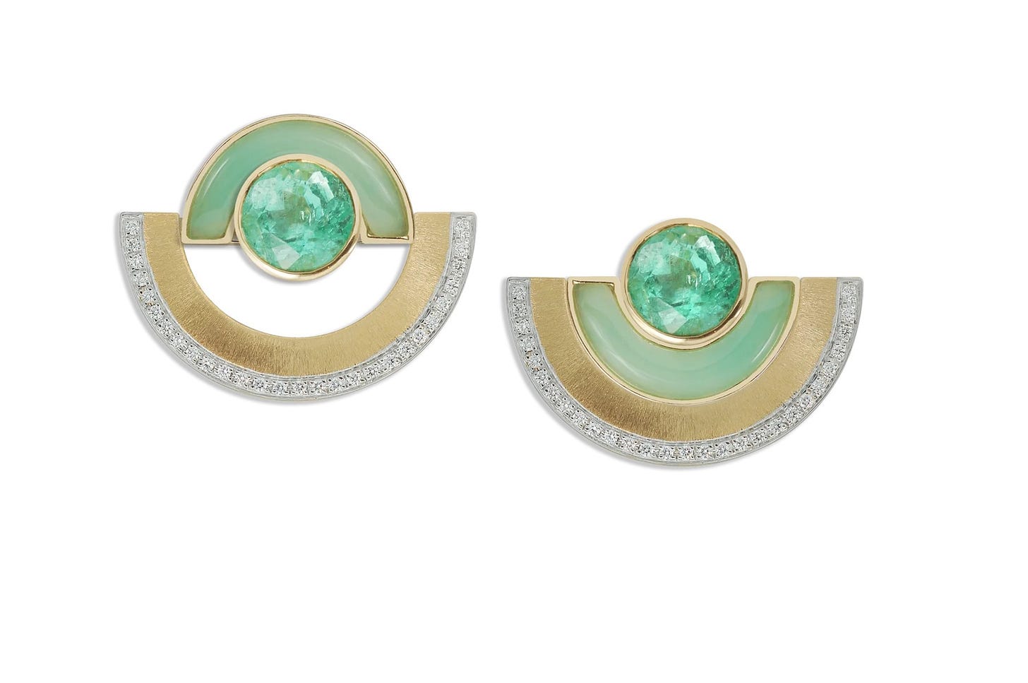 The Twist Reflection ear jackets by Kavant & Sharart, emerald, chrysoprase, diamonds and gold.