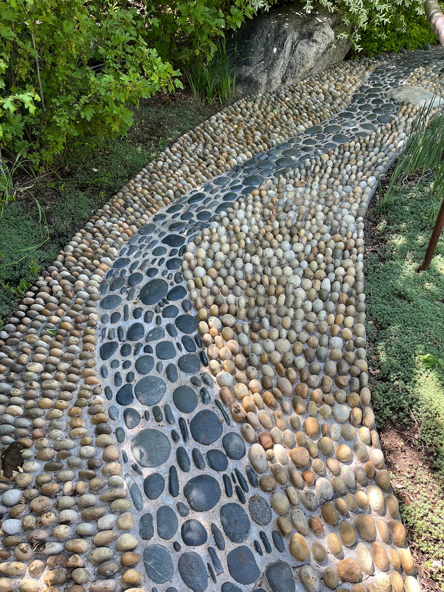 a pathway of darker rounded stones within a broader path of sandy colored stones surrounded by grasses and greenery