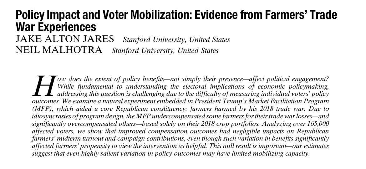 Black and white text of an academic paper abstract titled Policy Impact and Voter Mobilization Evidence from Farmers Trade War Experiences by Jake Jares from Stanford University United States discussing how policy benefits affect political engagement among farmers impacted by trade policies analyzing over 65000 farmers and intervention effects.