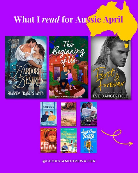 Three purple tiles with six book covers on each and text that says, 'What I read for Aussie April
