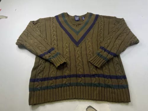 Vintage GAP Varsity Cable Knit Sweater V Neck Tennis Preppy Cotton Brown Men XL - Picture 1 of 5