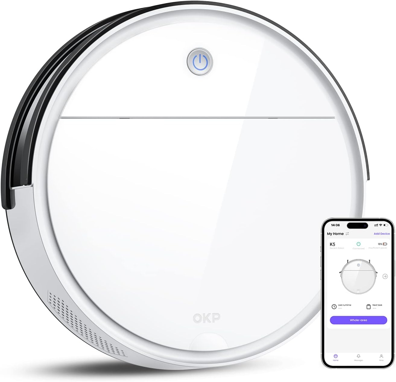 OKP Robot Vacuum Cleaner 2500Pa, 120 Min Runtime, Robotic Vacuum Cleaner with Schedule, WiFi/App/Alexa, Self-Charging, Slim Design, Quiet, Perfect for Hard Floors, Pet Hair, Carpets, K5