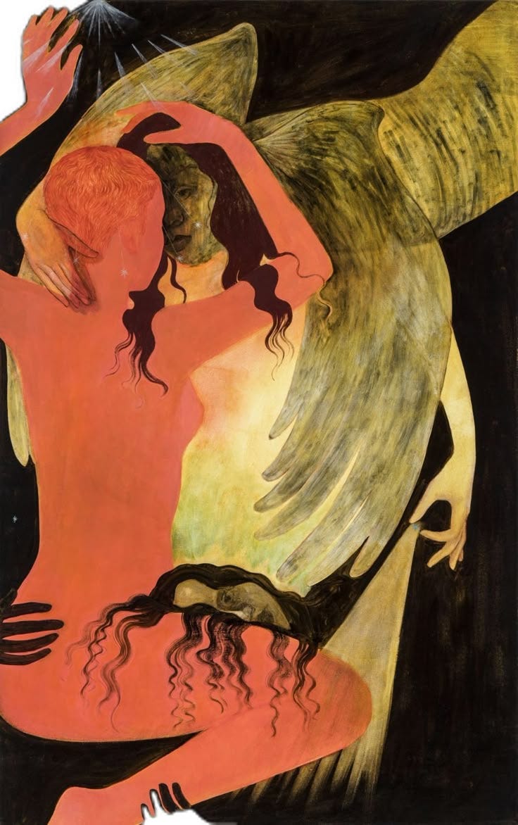 This may contain: a painting of a woman with her arms around another woman's neck and head
