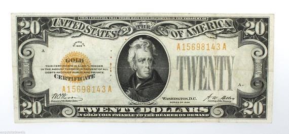 1928 20 Twenty Dollar Bill Gold Certificate Gold by ...