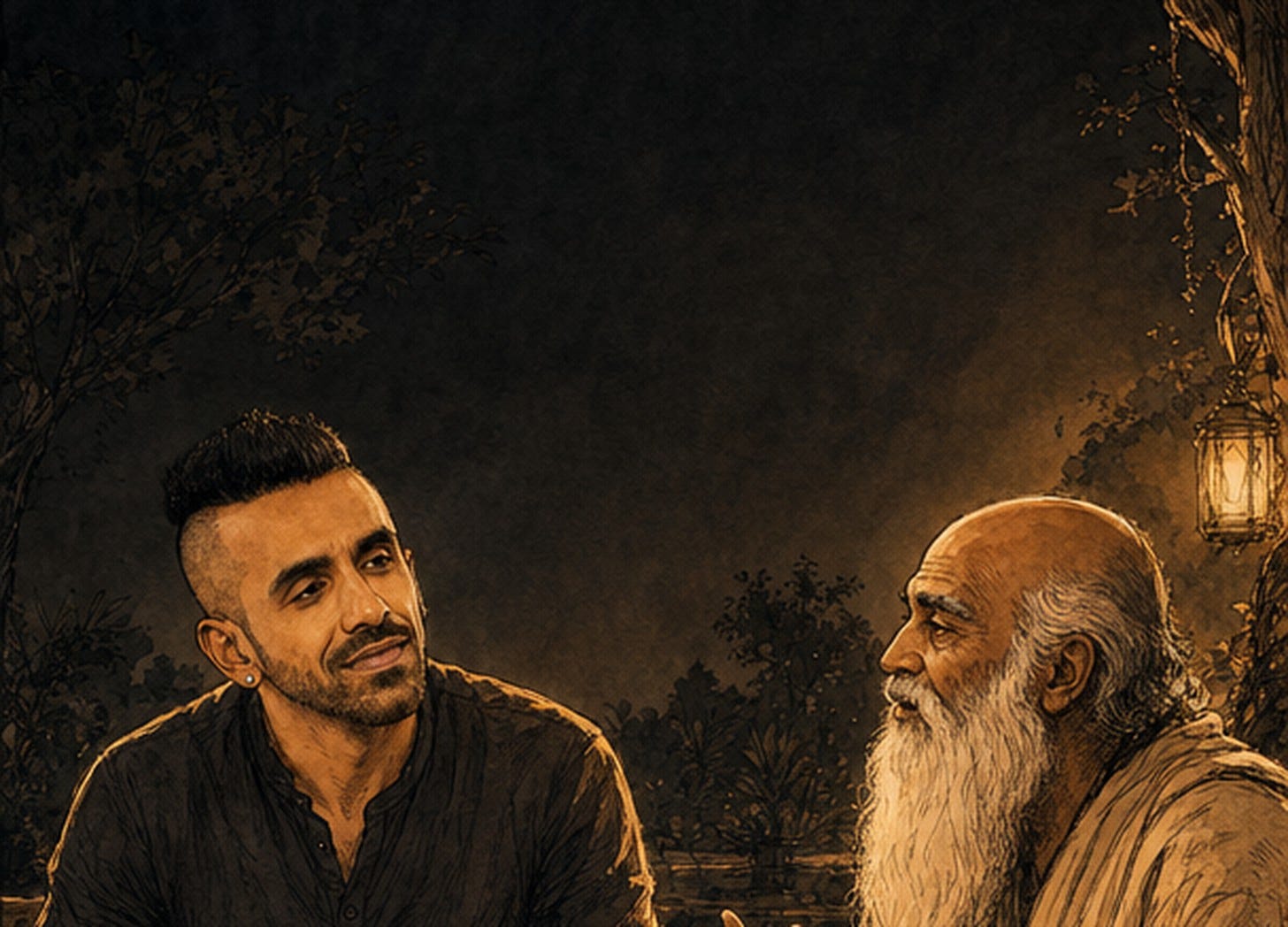 Ink-wash night sketch: a young founder and a white-bearded elder in conversation over chai under a tree, lantern glowing behind them. Ink-wash night sketch: a young founder and a white-bearded elder in conversation over chai under a tree, lantern glowing behind them.