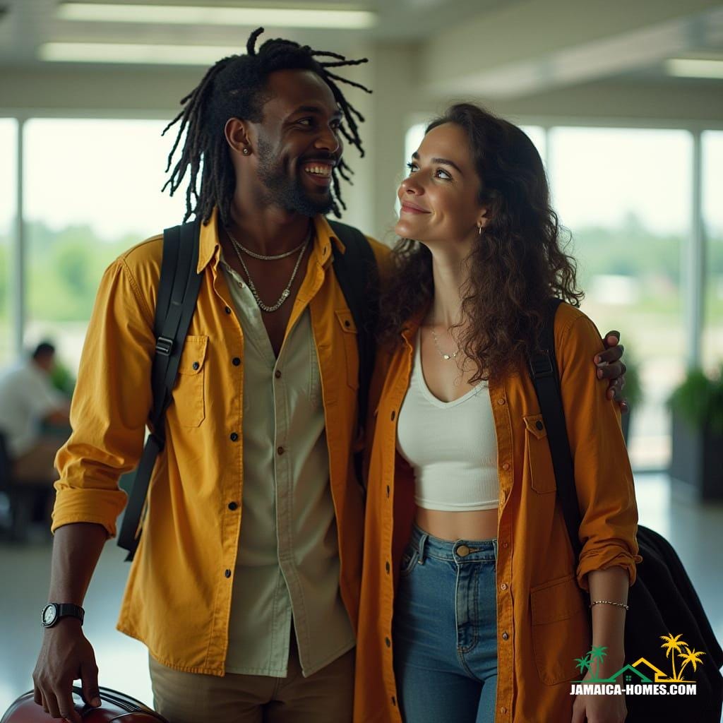 Couple arriving in Jamaica, capturing the joy and emotion of coming home.
