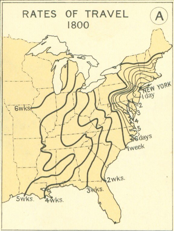 May be an image of map and text that says 'RATES OF TRAVEL 1800 A 6Wks NEW YORK day days Iweek 2wks. 3wks. 5wks. 5wks.4wks. 4wks.'