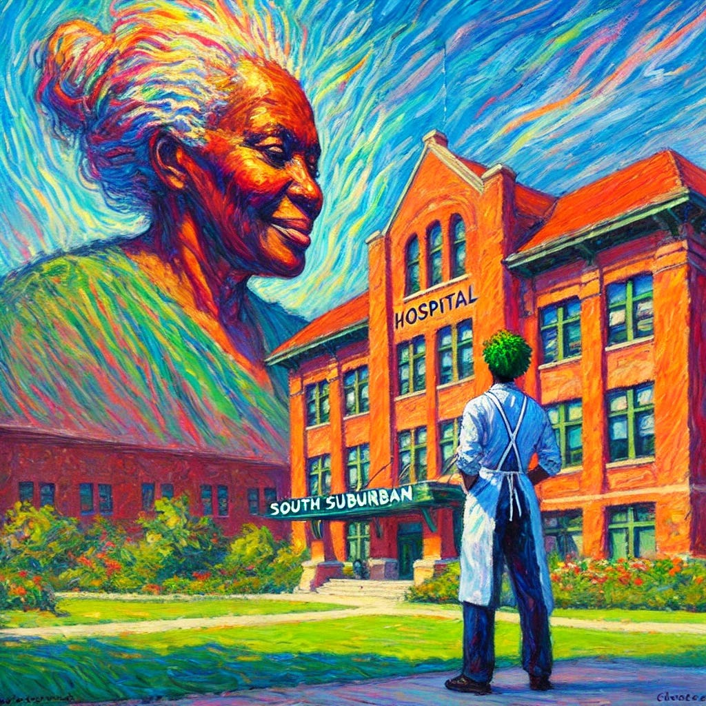 A fauvist-style painting of Schaeffer, now two years older, standing in front of South Suburban Hospital's redbrick buildings with his back to the viewer. His colorful hair is visible, and his posture suggests a mix of hope and nostalgia as he looks at the entrance. In one of the upper floor windows, a beautiful older Black woman is visible, looking down at him with a warm and beatific expression. She appears regular-sized and proportionate through the window. The scene is vibrant with exaggerated colors and bold brushstrokes, with a vivid blue sky streaked with orange and green, contrasting with the deep red of the hospital bricks and lush greenery surrounding the building. The overall mood is emotional and reflective.