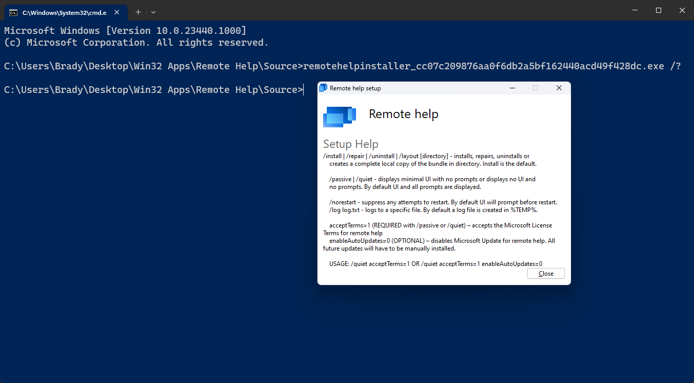 Command line arguments from Microsoft Remote Help