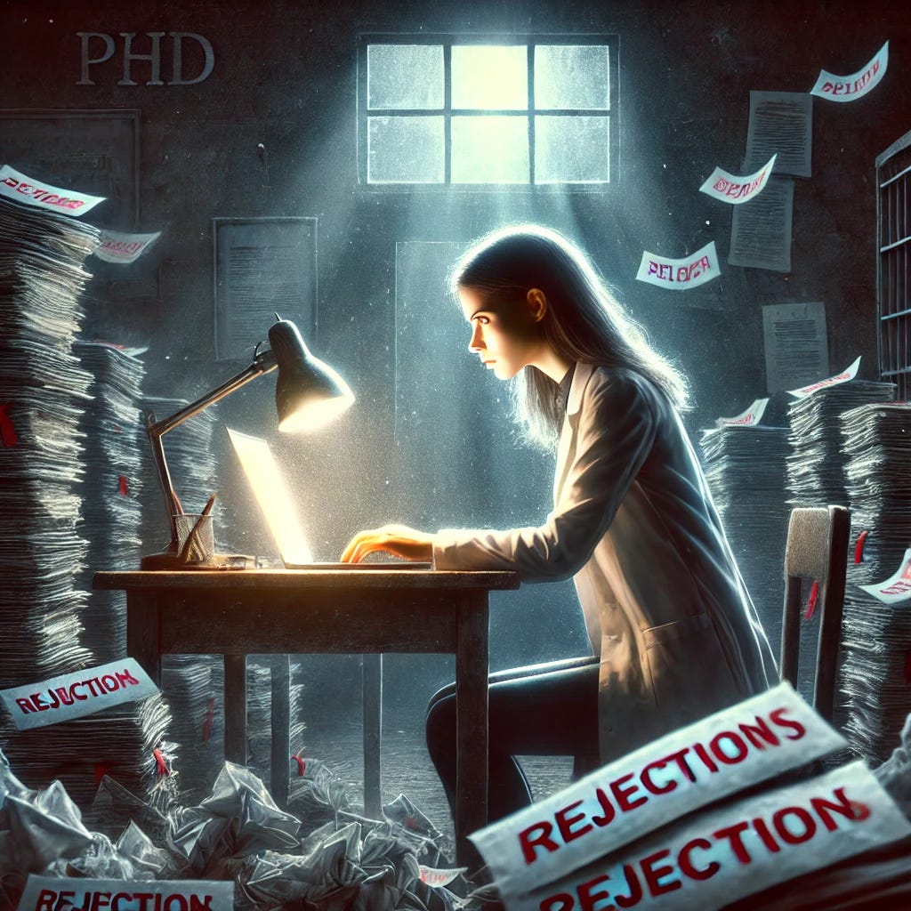 A dramatic illustration of a determined young PhD student sitting in a dimly lit room surrounded by stacks of papers, a laptop glowing on the desk, and rejection letters scattered across the floor. Her face is illuminated with a mix of frustration and resolve, as she stares intensely at her screen. In the background, a faint light comes through the window, symbolizing hope. The atmosphere is gritty but inspiring, with an academic and determined vibe.