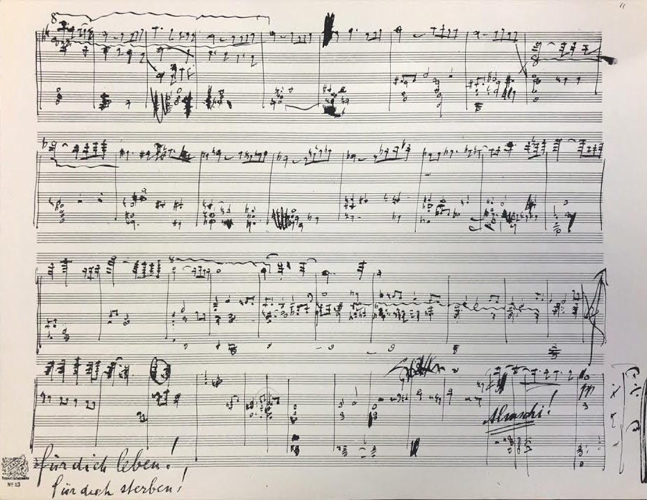 The manuscript of Mahler’s Tenth Symphony, with the note “für dich leben! für dich sterben!” in the bottom left corner. “Almschi!” — Gustav’s nickname for Alma — is scrawled on the right.