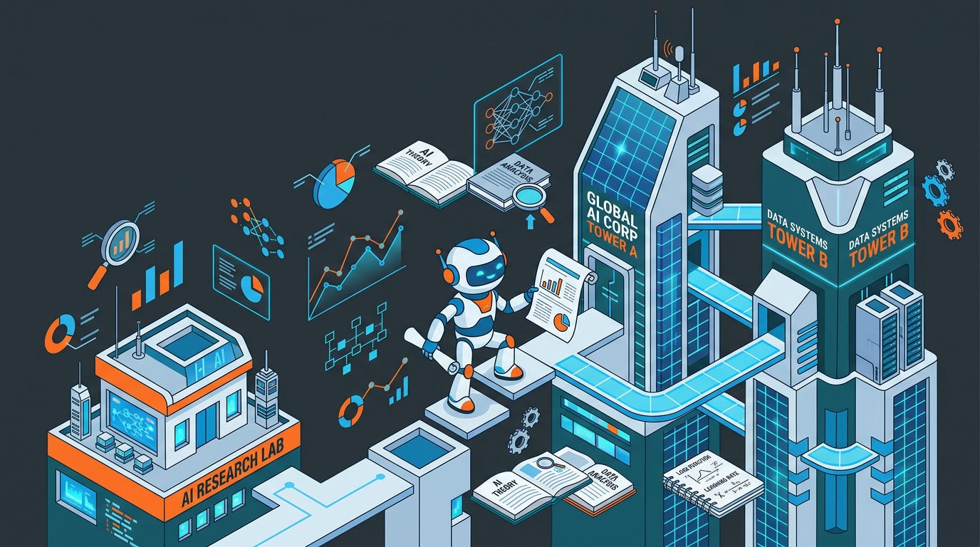 Flat isometric illustration of a small independent AI research lab standing opposite two enormous futuristic AI towers, a compact research agent at the center holding a scientific paper and climbing past the two larger systems, graphs and research notes scattered around, dark charcoal background, clean vector art style, bold orange, blue and white accents, modern technology editorial aesthetic Flat isometric illustration of a small independent AI research lab standing opposite two enormous futuristic AI towers, a compact research agent at the center holding a scientific paper and climbing past the two larger systems, graphs and research notes scattered around, dark charcoal background, clean vector art style, bold orange, blue and white accents, modern technology editorial aesthetic