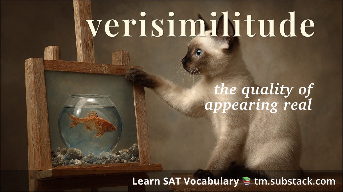 Illustration of a kitten reaching toward a realistic painting of fish, appearing to believe it's real; used to illustrate the SAT word 'verisimilitude'.