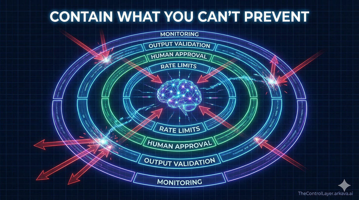 Concentric security layers surrounding AI core, demonstrating containment strategy for prompt injection. Concentric security layers surrounding AI core, demonstrating containment strategy for prompt injection.