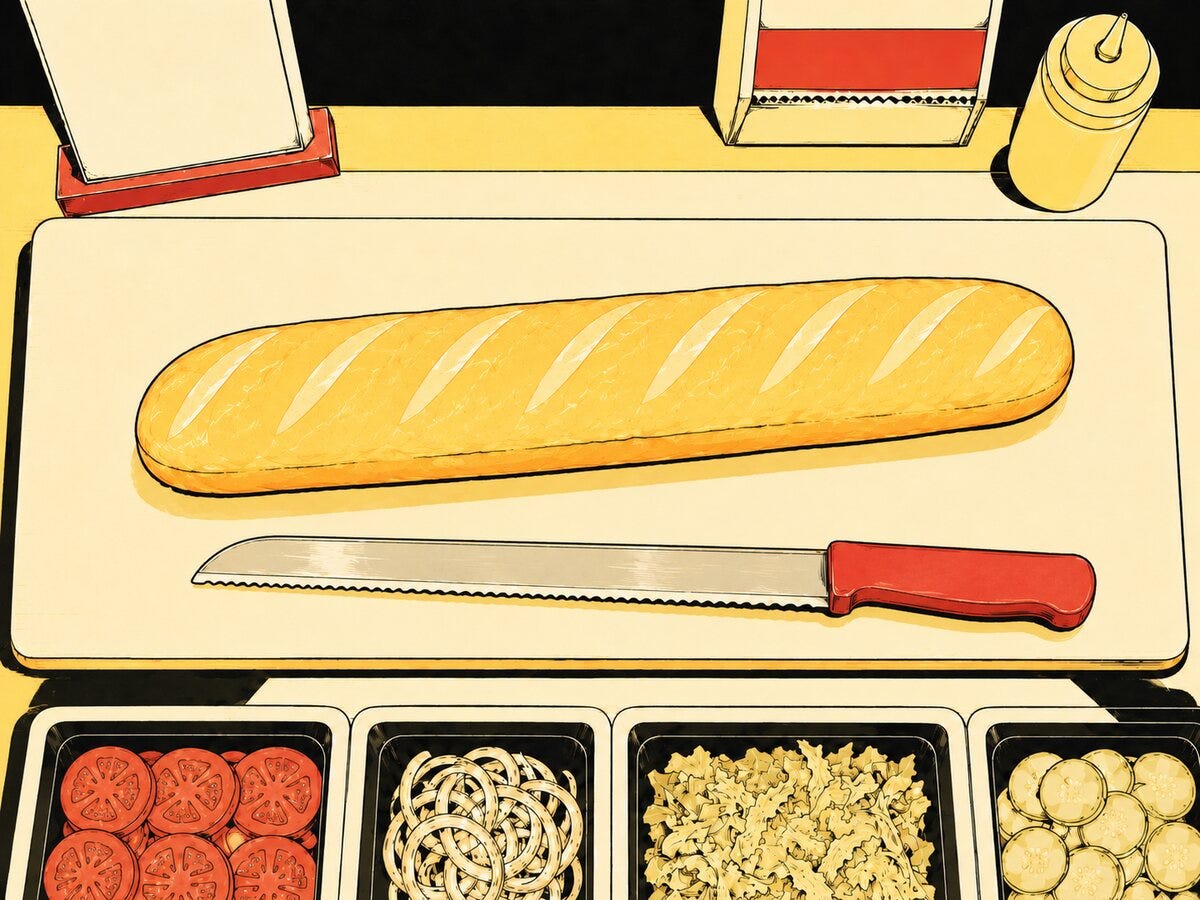 Top-down graphic-novel-style illustration of an uncut foot-long sub roll and a large serrated bread knife resting on a cafeteria sandwich station cutting board, with ingredient bins visible along the bottom edge. Top-down graphic-novel-style illustration of an uncut foot-long sub roll and a large serrated bread knife resting on a cafeteria sandwich station cutting board, with ingredient bins visible along the bottom edge.