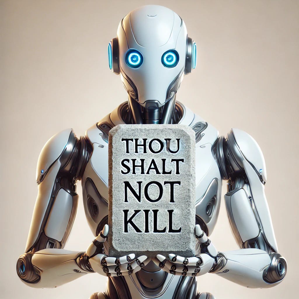 A sleek futuristic robot holding a stone tablet with 'Thou shalt not kill' engraved, set against a simple and light background, symbolizing the intersection of ancient moral laws and modern AI technology