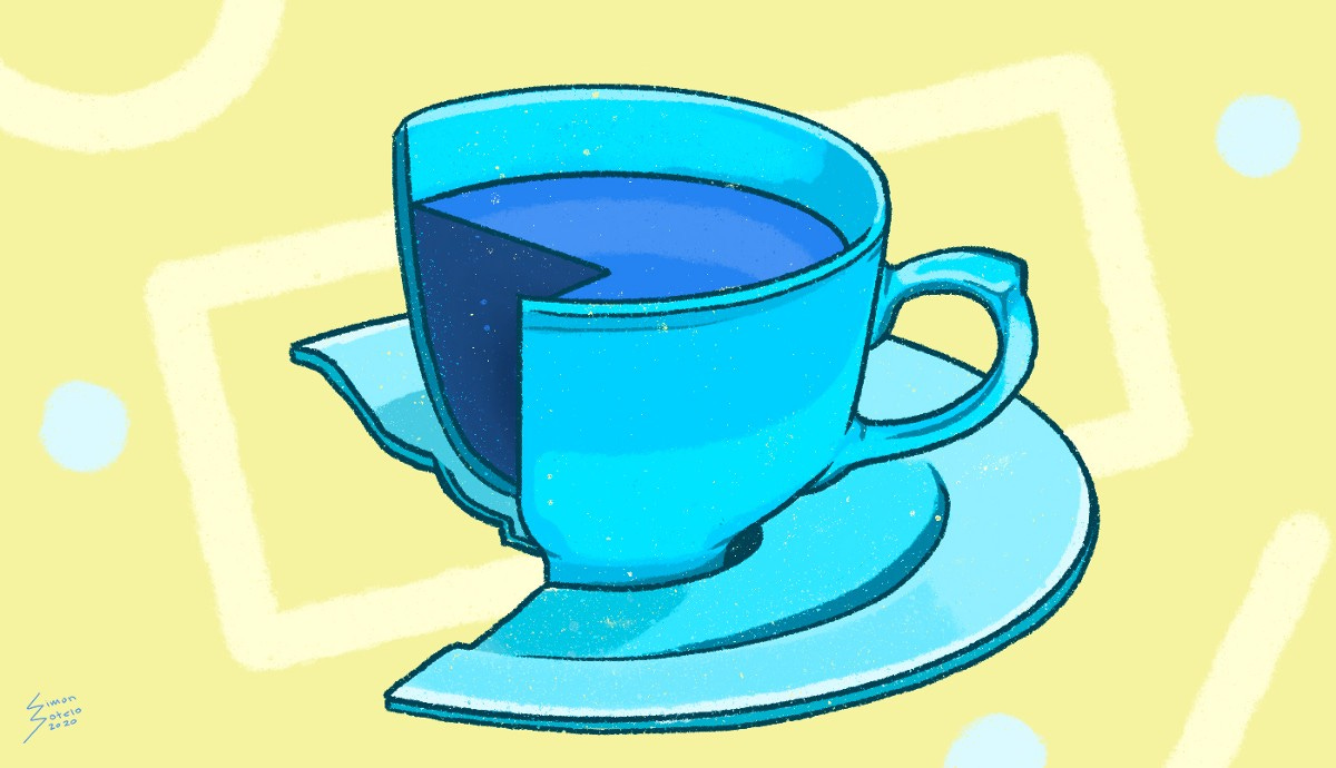 Cracked coffee mug with part of its body missing.