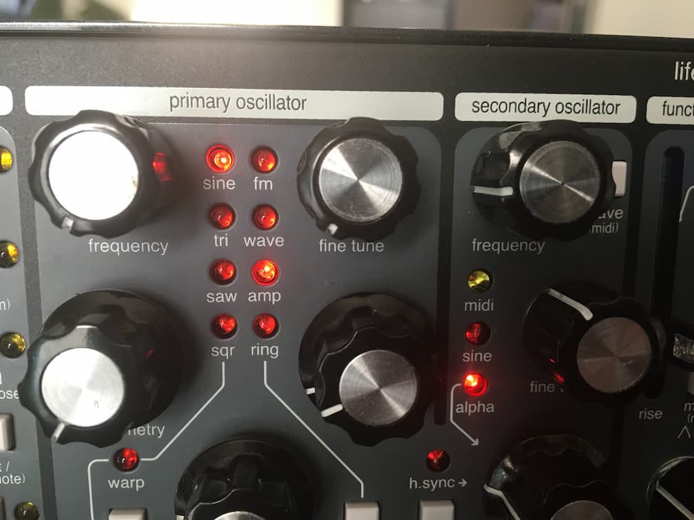 Dials for an analog synthesizer.