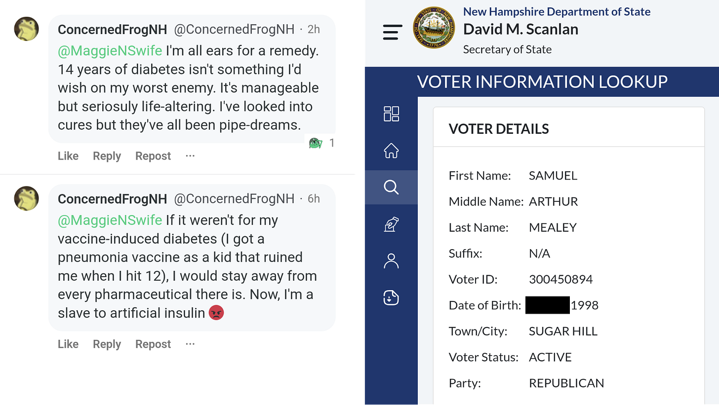 ConcernedFrogNH posts indicating age and NH voter registration data for Mealey