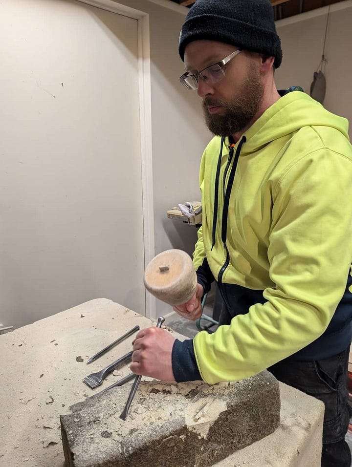 Michal Plis carving in lime stone abstract piece