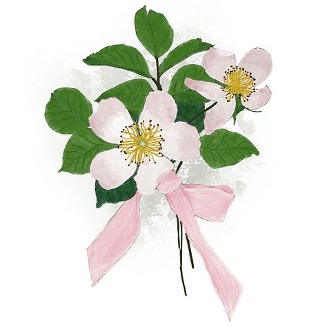 hand drawn pictures of paper flowers displayed as small posies with ribbons in matching colours: yellow buttercups, red poppies and pink dogroses
