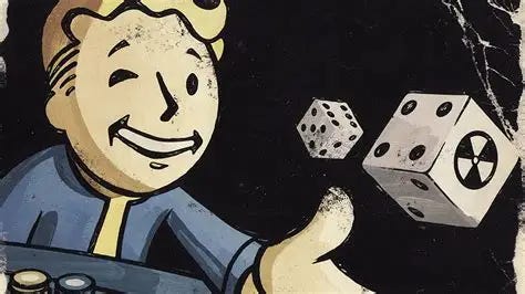 Ilustração de um personagem sorridente jogando dados, com um fundo escuro e uma estética retrô.