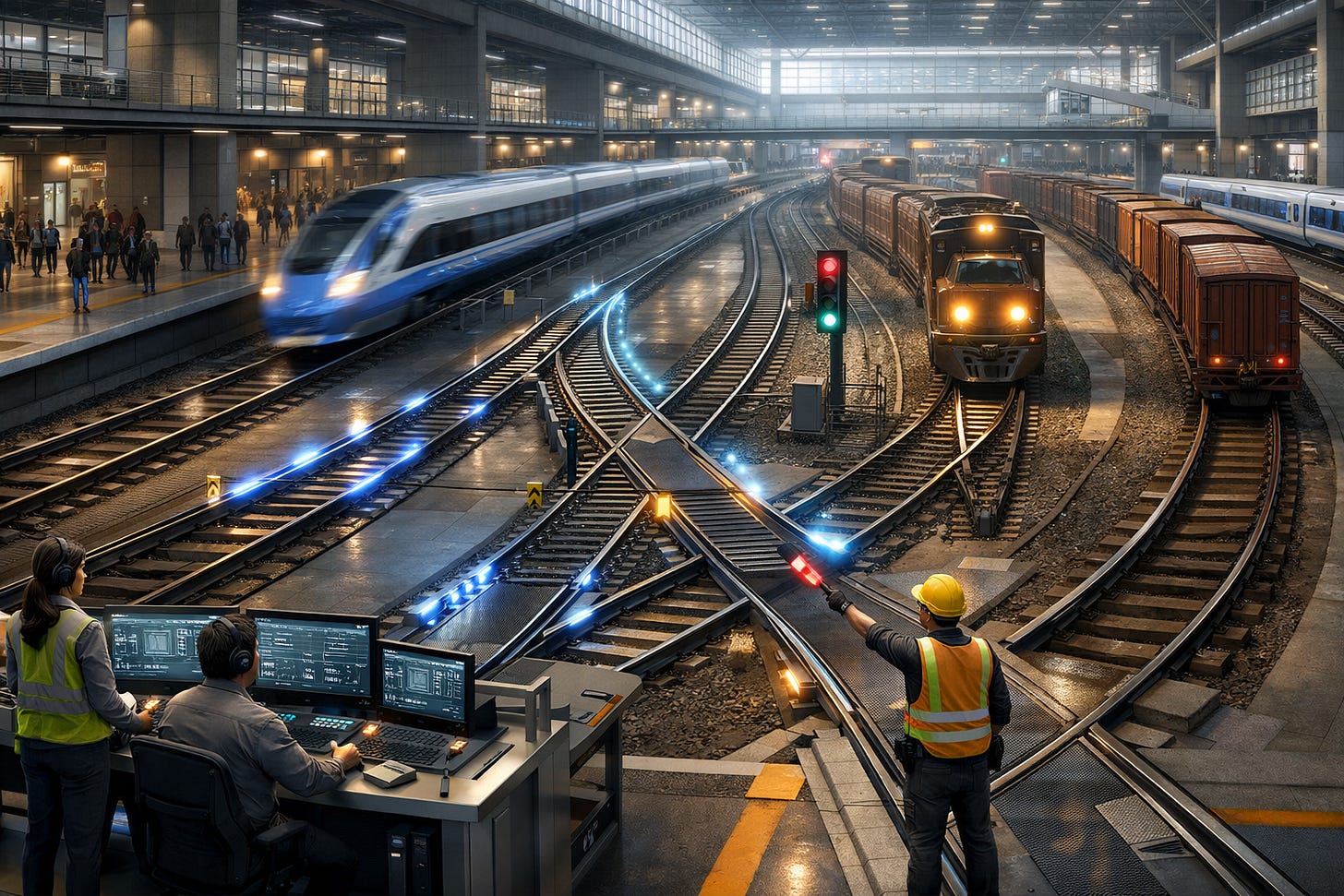 Operators monitor high-speed and freight trains from a control station at a busy railway junction. Operators monitor high-speed and freight trains from a control station at a busy railway junction.