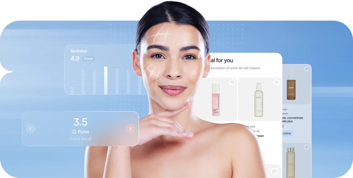 AI skin analysis banner with dashboard and product layout over a woman portrait variant AI skin analysis banner with dashboard and product layout over a woman portrait variant