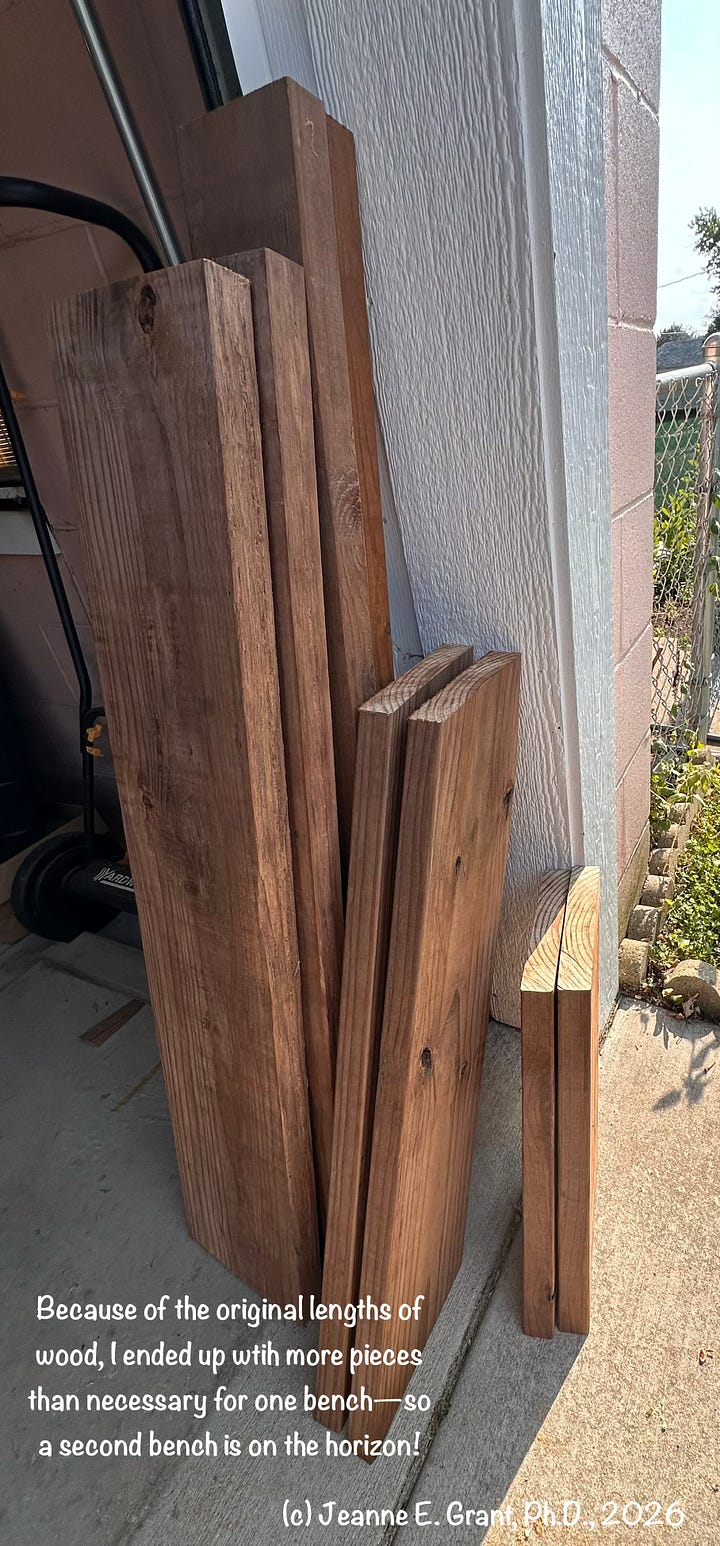 four photos showing pretreated wood on horses in a garage or standing against a wall