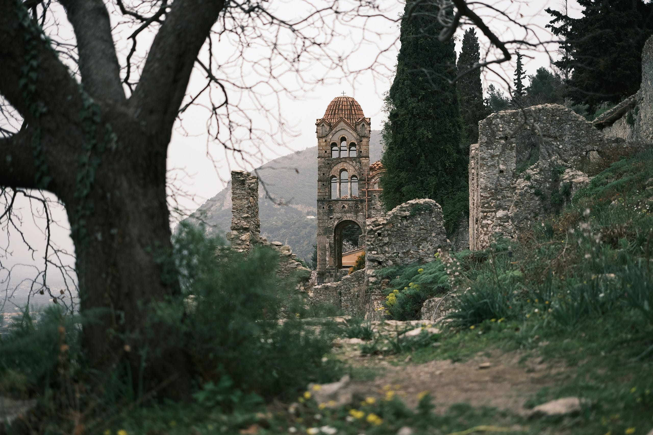 The stone ruins of a church on the side of a  mountain through the trees