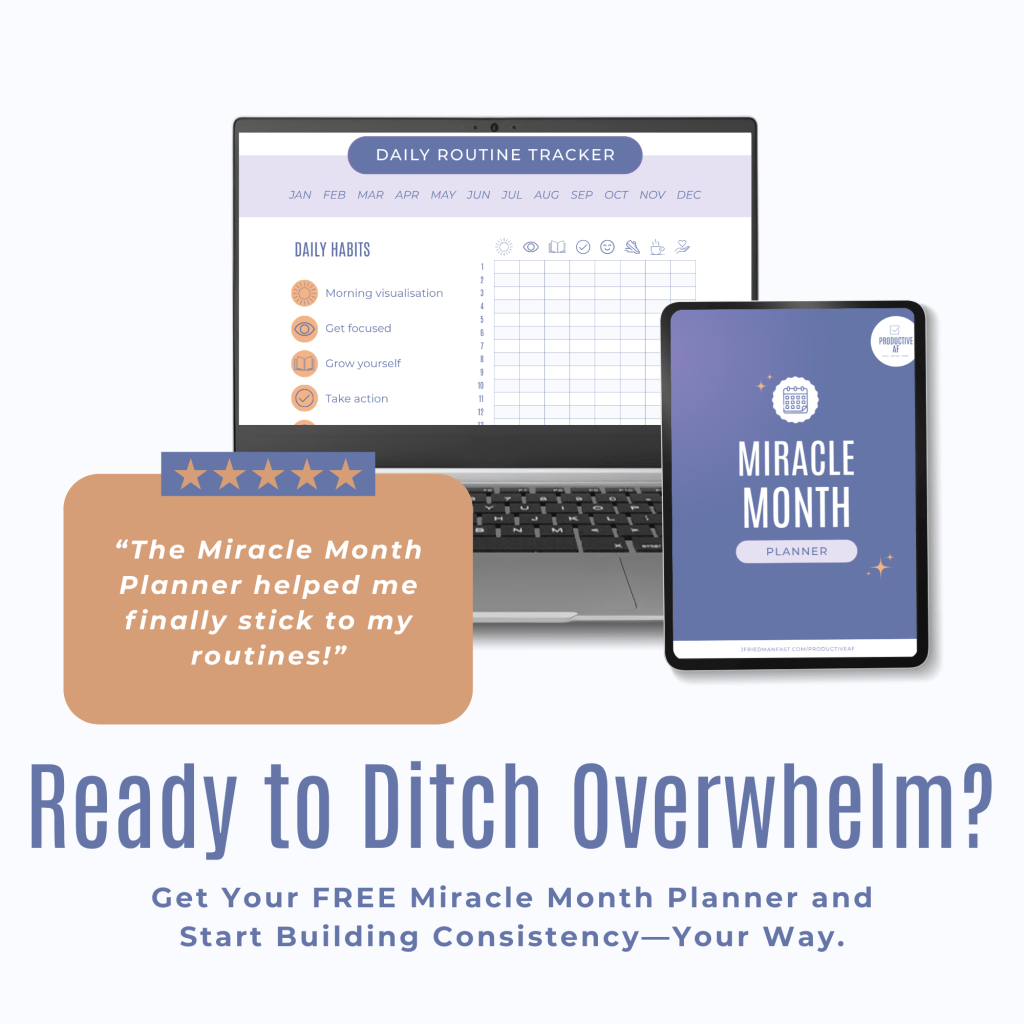 An image showcasing a laptop and tablet displaying the Miracle Month Planner and Daily Routine Tracker, with a quote emphasizing the planner's positive impact on routines.