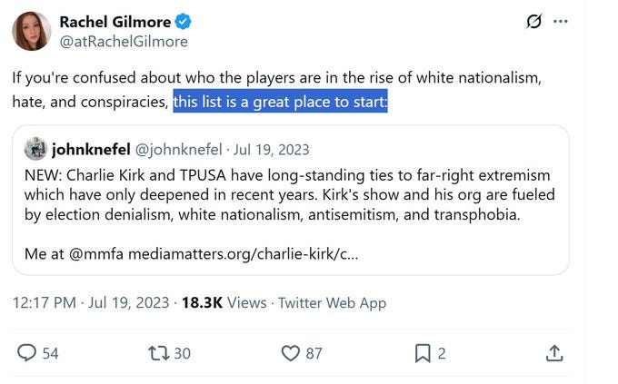 A screenshot of a Twitter post by Rachel Gilmore. The post includes text discussing Charlie Kirk and TPUSA, mentioning ties to extremism, white nationalism, antisemitism, and transphobia. The text is visible with timestamps, view counts, and interaction metrics like likes and retweets. A screenshot of a Twitter post by Rachel Gilmore. The post includes text discussing Charlie Kirk and TPUSA, mentioning ties to extremism, white nationalism, antisemitism, and transphobia. The text is visible with timestamps, view counts, and interaction metrics like likes and retweets.