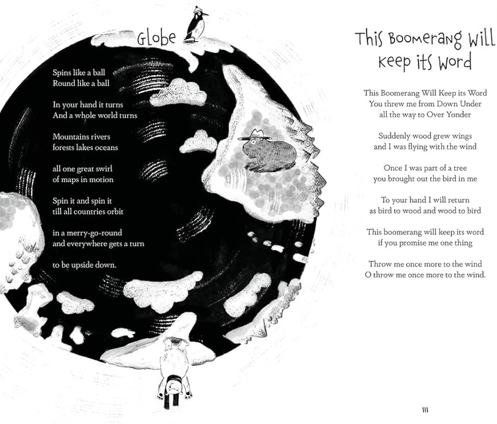 Black and white page from 'The Poetry World of John Agard' with a picture of a globe and a poem called 'Globe' and a poem called 'This Boomerang Will Keep its Word'.