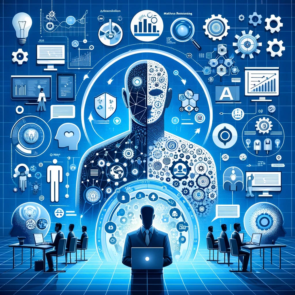 Create a visual representation for the white paper titled 'The Multiplier Effect: AI, Problem Management, & Decision Making.' The image should symbolize the integration of Artificial Intelligence (AI) with traditional methods of problem management and decision-making within organizations. Illustrate AI technologies such as data analytics, machine learning models, and automated reasoning tools working in harmony with human expertise to enhance operational efficiency, strategic planning, and innovation. Highlight the concept of AI multiplying the effectiveness of problem management and decision-making processes, showcasing a synergy that drives informed, efficient, and effective organizational outcomes.