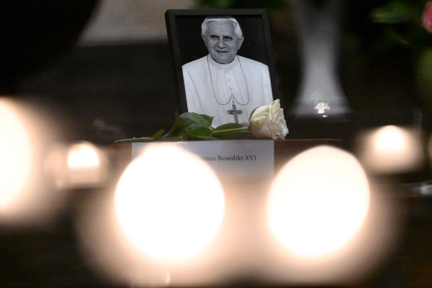 A photo memorial of Pope Emeritus Benedict XVI at the Cologne Cathedral in Germany on Saturday. A photo memorial of Pope Emeritus Benedict XVI at the Cologne Cathedral in Germany on Saturday.