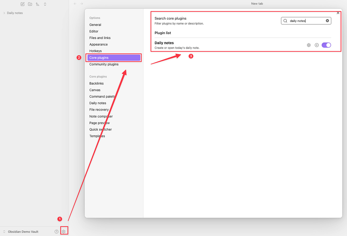 在 Obsidian 的 Settings 中，找到 Core Plugins 並且開啟 Daily notes 插件