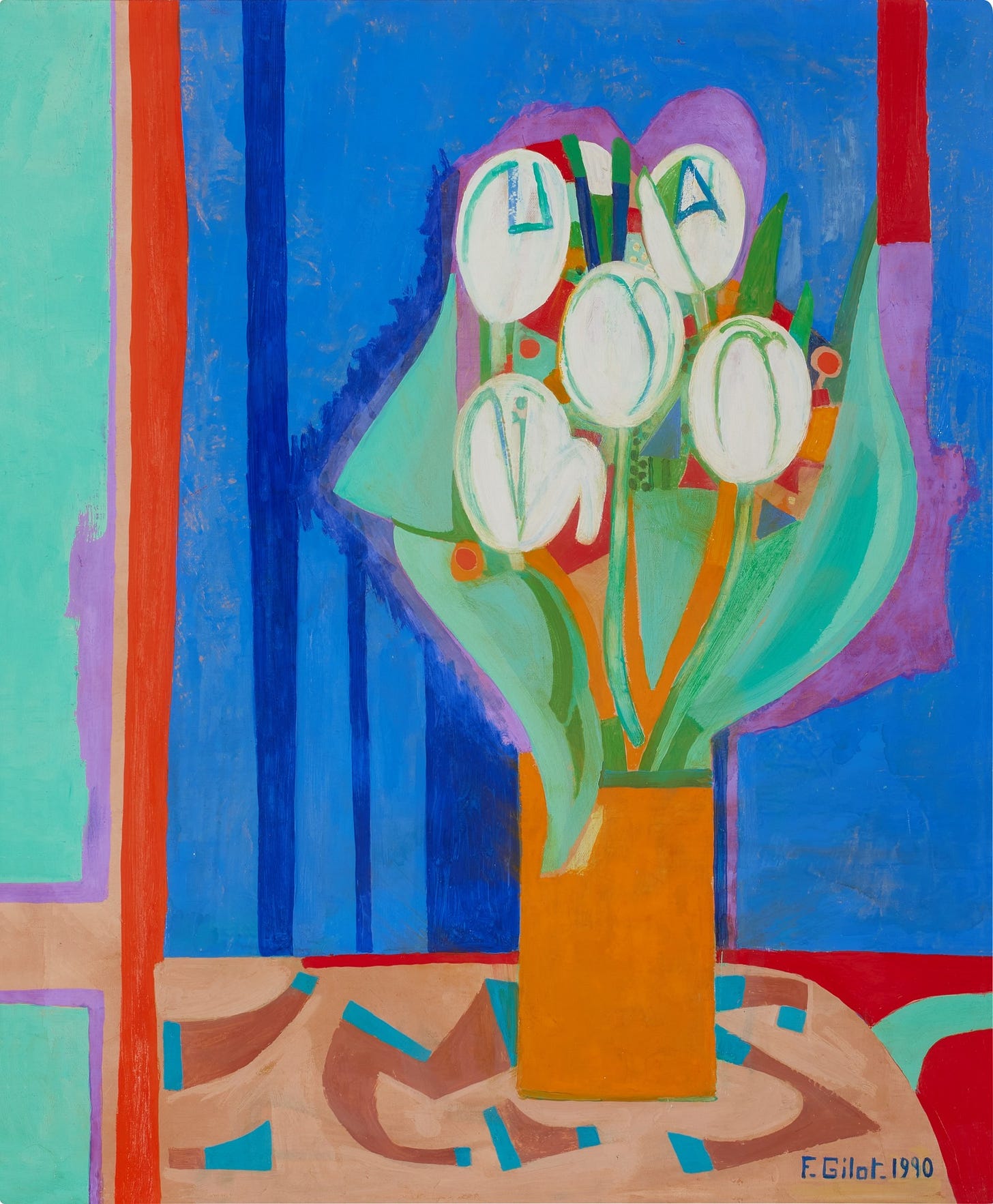 Artwork by Françoise Gilot, White Tulips on Blue, Made of oil on canvas