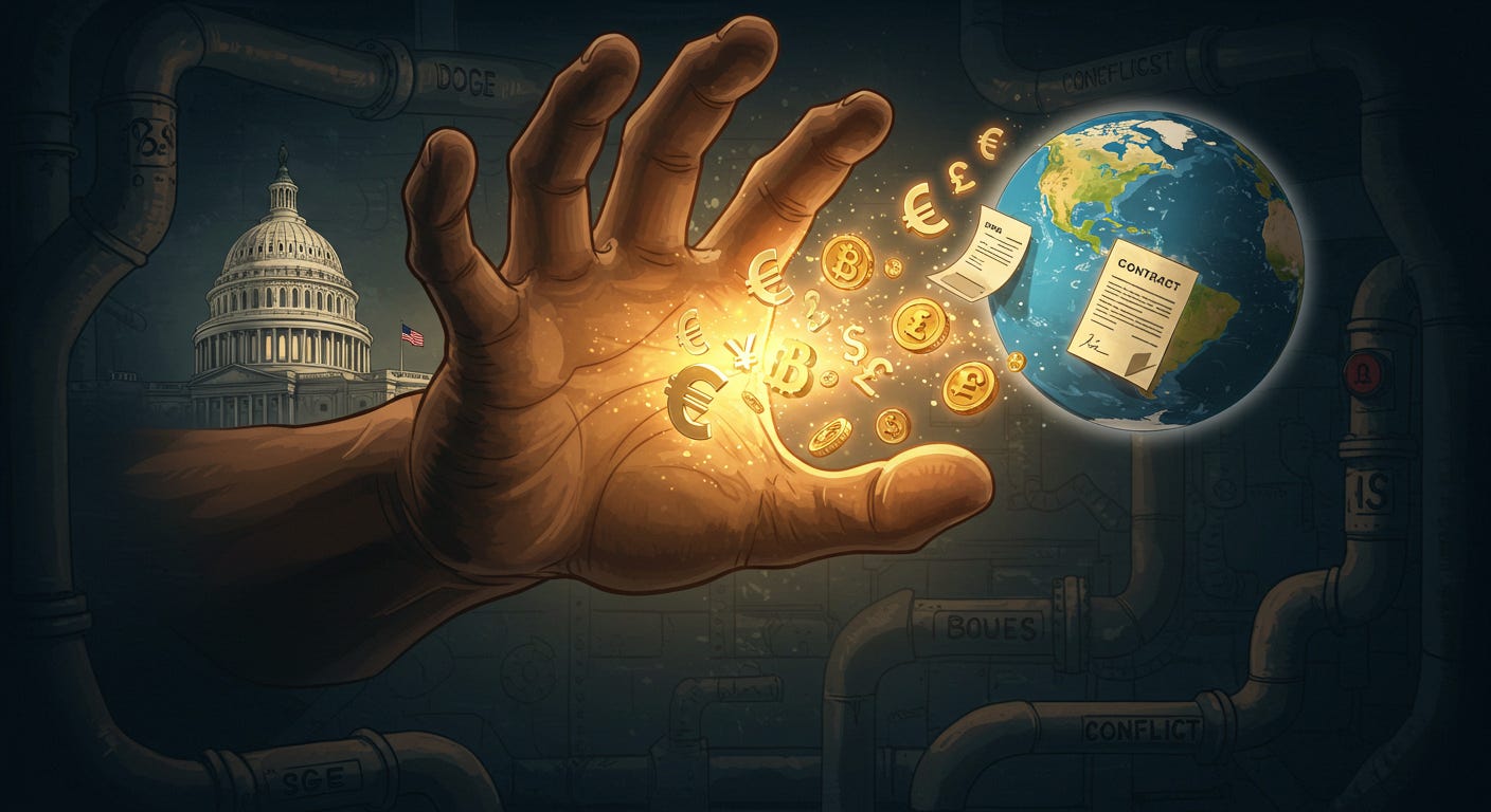Alt text: Symbolic graphic novel illustration. A large human hand in the foreground extends towards a glowing globe on the right. Light emanates from the hand towards the globe, carrying numerous floating currency symbols (€, $, ¥, £, ₿) and stylized document/paper icons. The US Capitol building is visible in the background behind the hand, illuminated by dramatic lighting. Rusted pipes labeled 'DOGE', 'SGE', and 'CONFLICT' frame the scene or are integrated into the background infrastructure. The image symbolizes private influence leveraging governmental power for global commercial gain.