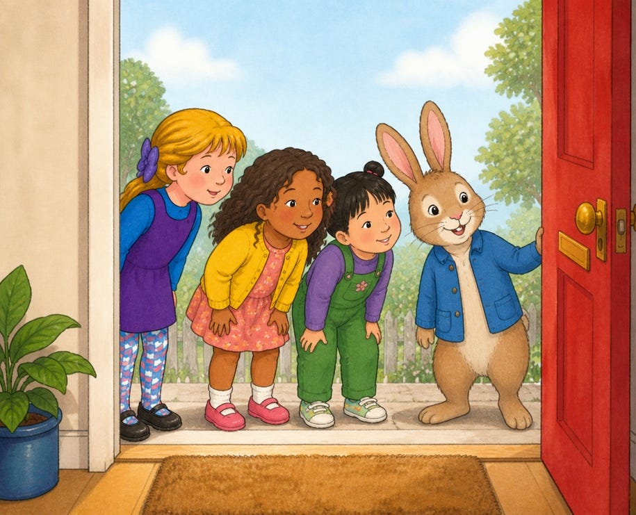 Curious friends at the doorway
