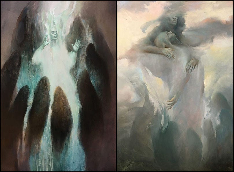 Mystical figures in ethereal mist, one raising hands, others intertwined. Dark, moody colors create a dreamlike, surreal atmosphere.