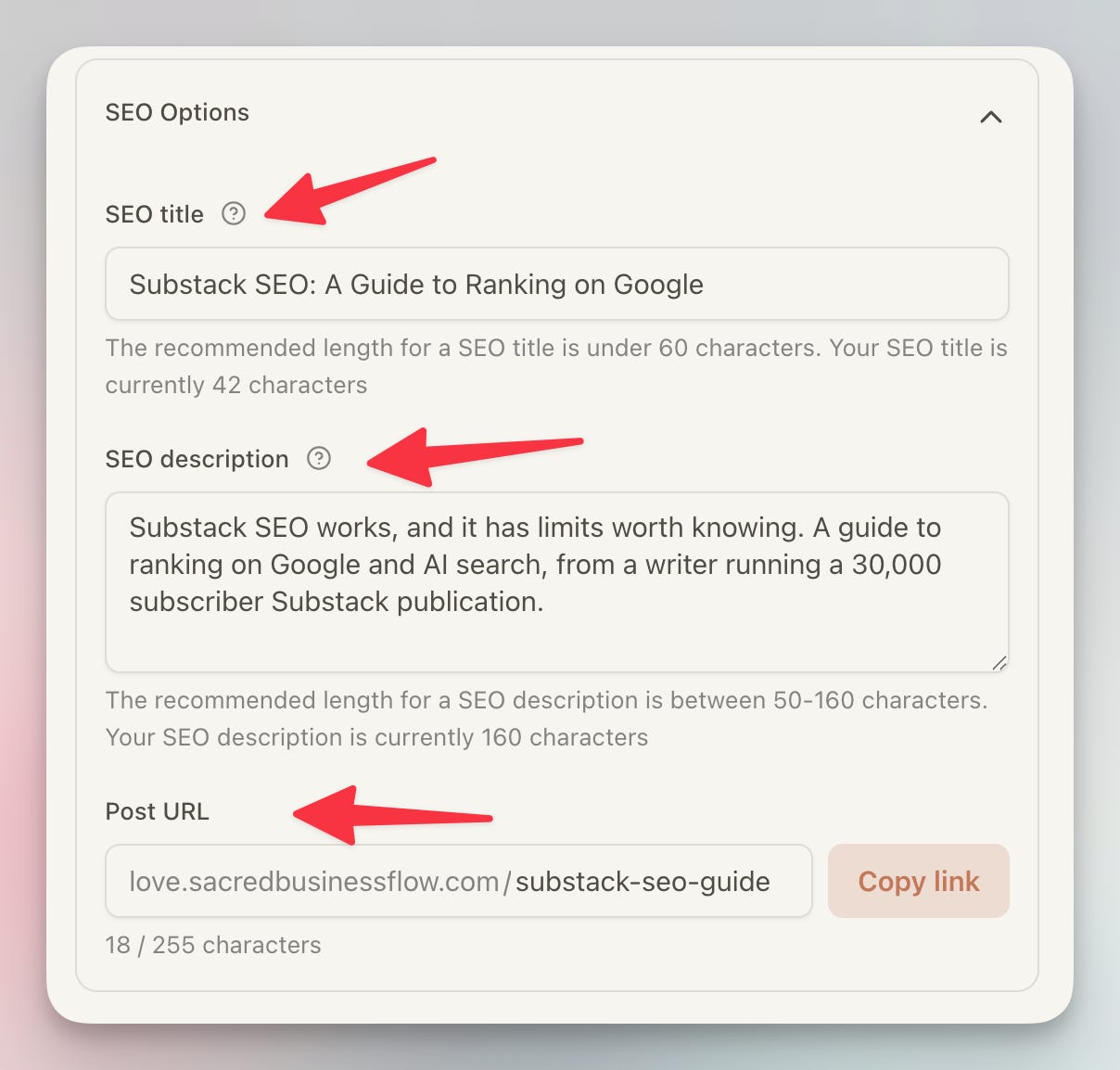Substack SEO settings panel showing the SEO title and SEO description fields filled in for a blog post