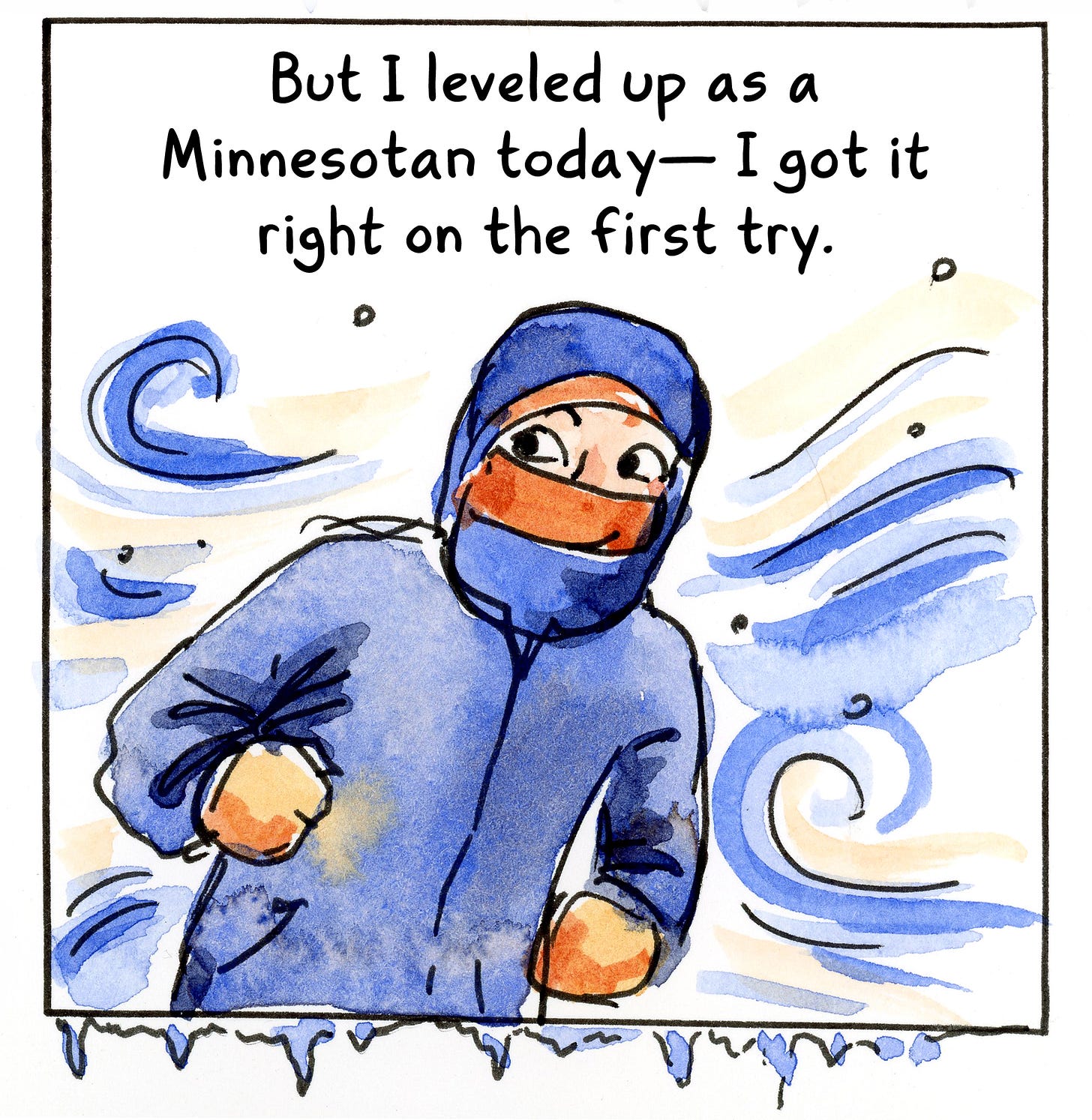 Winter running in Minnesota comic by cartoonist K. Woodman-Maynard.