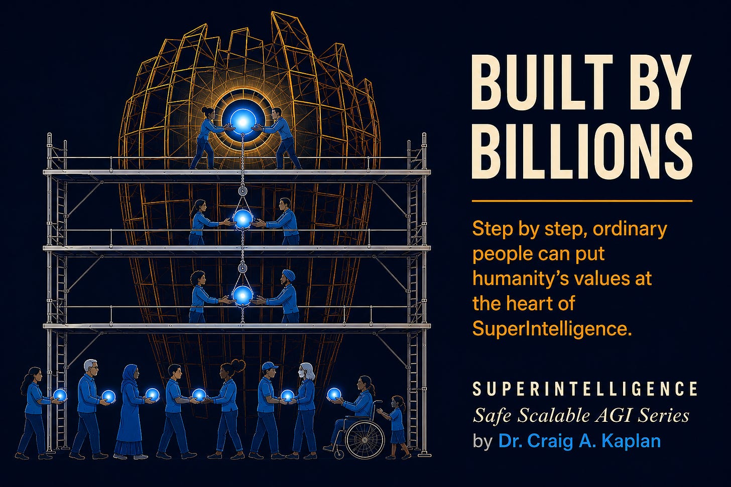 A diverse line of people, including a child and a woman in a wheelchair, passes glowing blue orbs up scaffolding levels around a giant unfinished amber lattice structure, where two workers place a bright blue core into a glowing ring at its center. Text: Built by Billions. Step by step, ordinary people can put humanity's values at the heart of SuperIntelligence. Superintelligence, Safe Scalable AGI Series, by Dr. Craig A. Kaplan.
