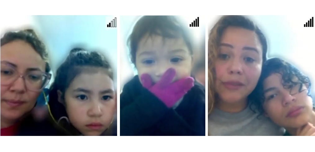 video screengrabs taken by ProPublica showing a 7-year-old girl and her mother, both looking somberly at the camera; an 18-moth-old girl whose gloved hand is over her mouth as she blows a kiss, and a 13-year-old boy with long curly hair, leaning for comfort against his mom's shoulder.