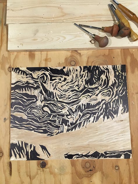 Large scale black and white woodcut by artists, Michael Rich