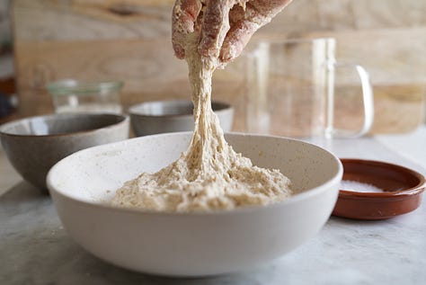 Sourdough Bread step by step showing all ingredients, then autolyse then folding and scoring