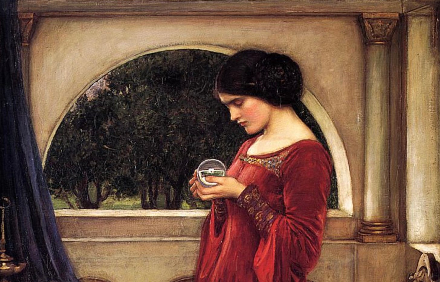 Young woman in red dress gazes into crystal ball she holds in her hand. Grove of trees in background. 